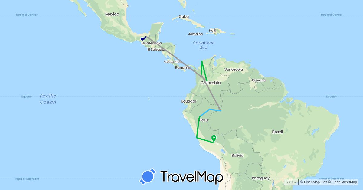 TravelMap itinerary: driving, bus, plane, boat in Colombia, Mexico, Peru (North America, South America)